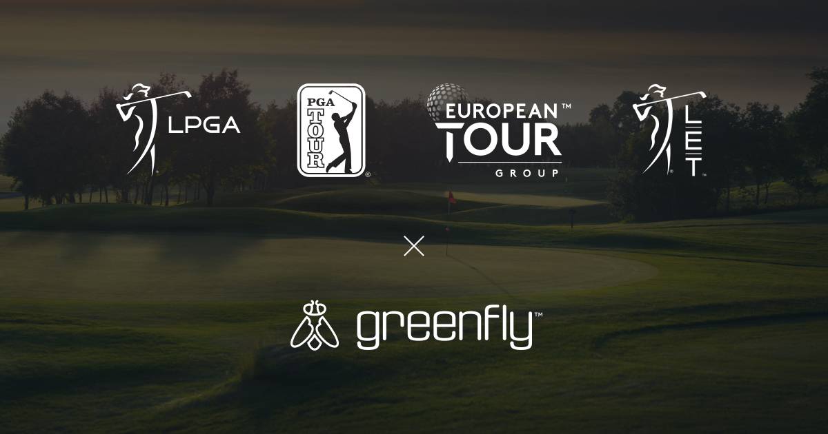 Logos for LPGA, PGA Tour, European Tour Group, LET and Greenfly on golf course photo for digital media flow.